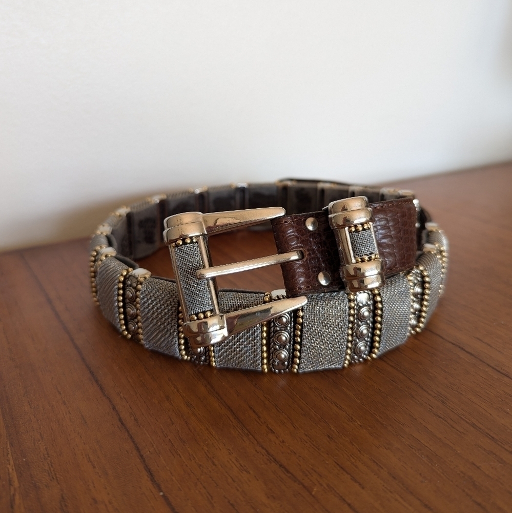 Vintage Nanni Women's Brown and Silver Metallic Leather Belt